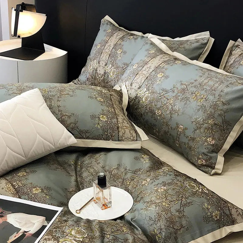 Elegant teal & gold floral luxury bedding set bedroom duvet cover