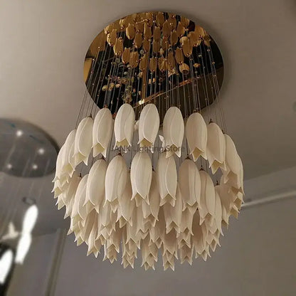 Elegant tulip staircase chandelier gold frosted glass lobby light