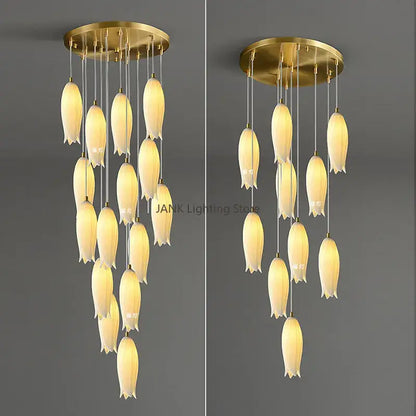 Elegant tulip staircase chandelier gold frosted glass lobby light