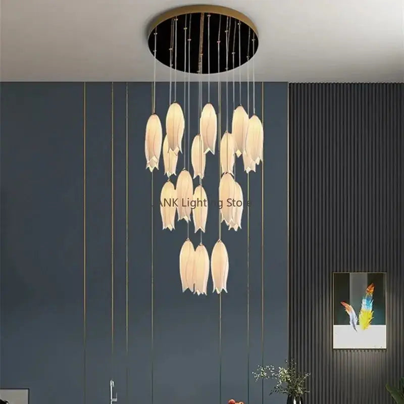 Elegant tulip staircase chandelier gold frosted glass lobby light