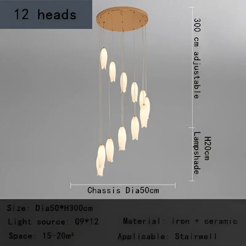 Elegant tulip staircase chandelier gold frosted glass lobby light