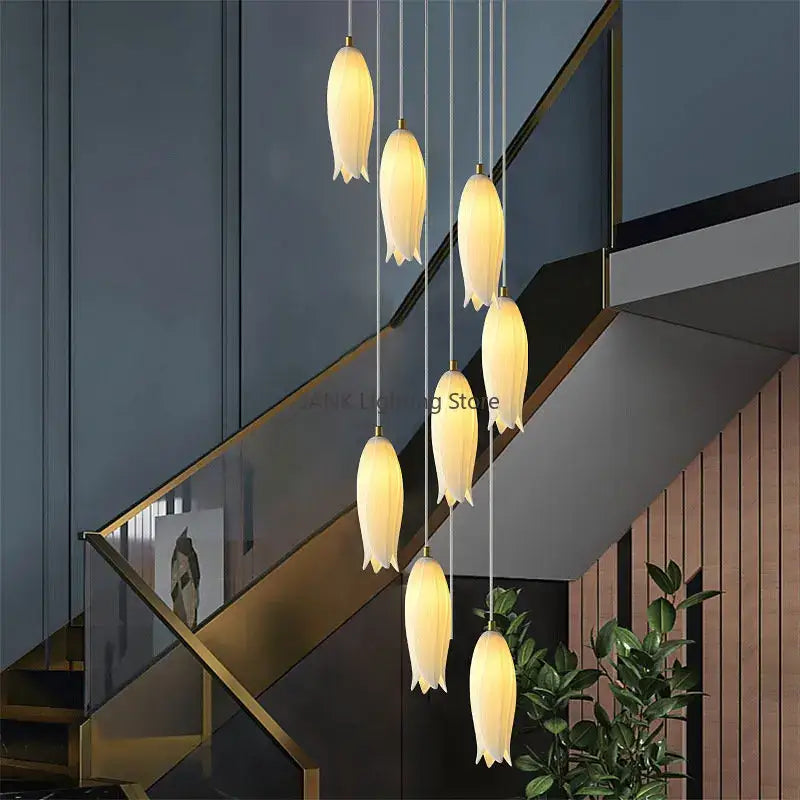 Elegant tulip staircase chandelier gold frosted glass lobby light