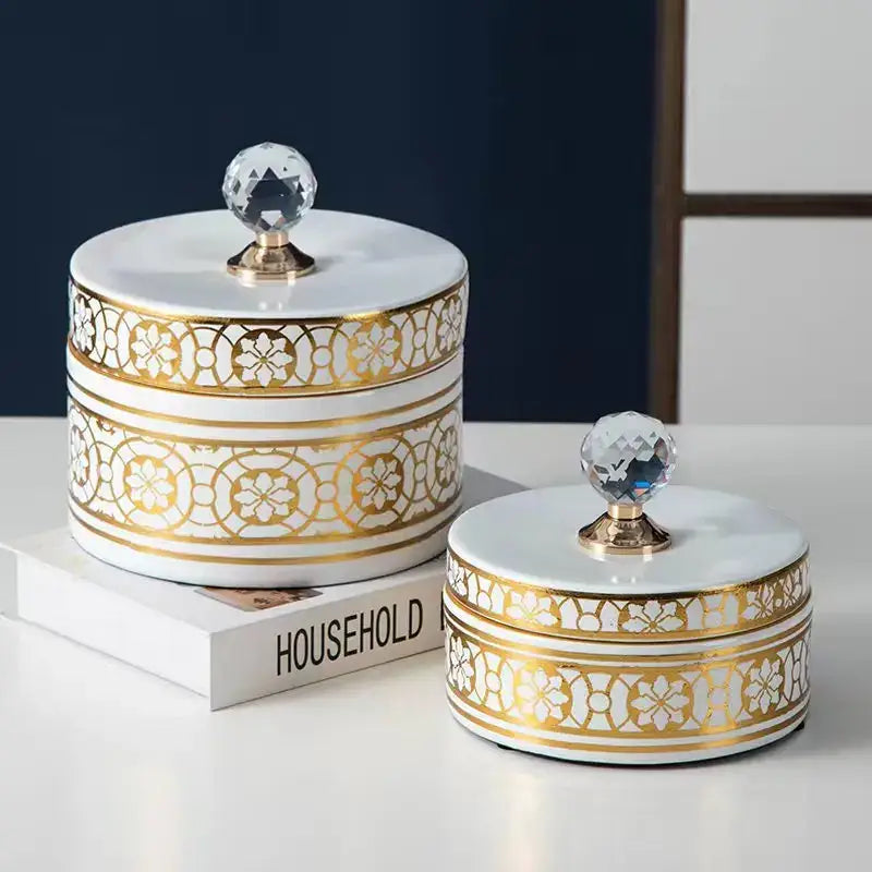 Elegant white and gold crystal ball ceramic jewelry box bedroom storage