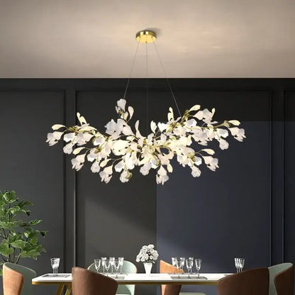Elegant white and gold ginkgo branch ceramic chandelier dining room