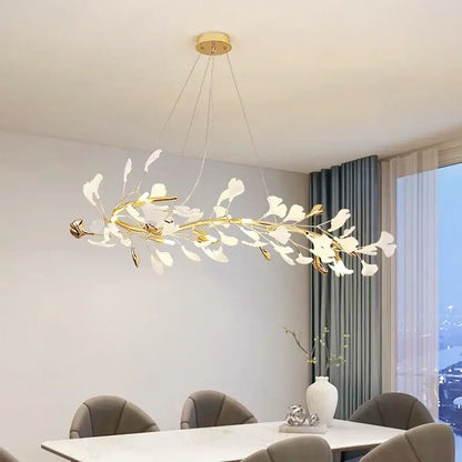 Elegant white and gold ginkgo branch ceramic chandelier dining room