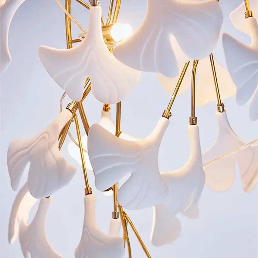 Elegant white and gold ginkgo branch ceramic chandelier dining room