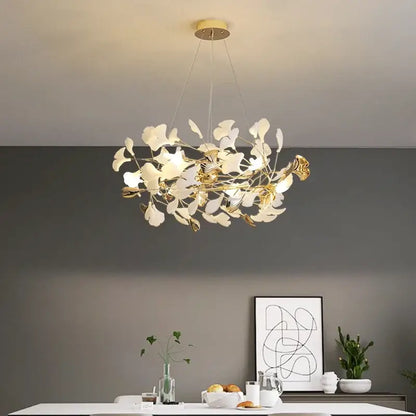 Elegant white and gold ginkgo branch ceramic chandelier dining room