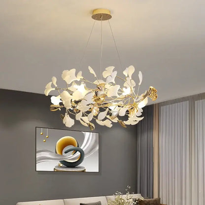 Elegant white and gold ginkgo branch ceramic chandelier dining room