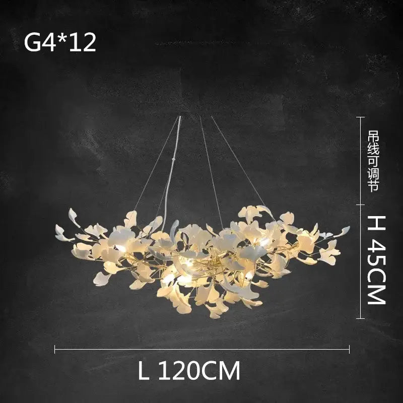 Elegant white and gold ginkgo branch ceramic chandelier dining room