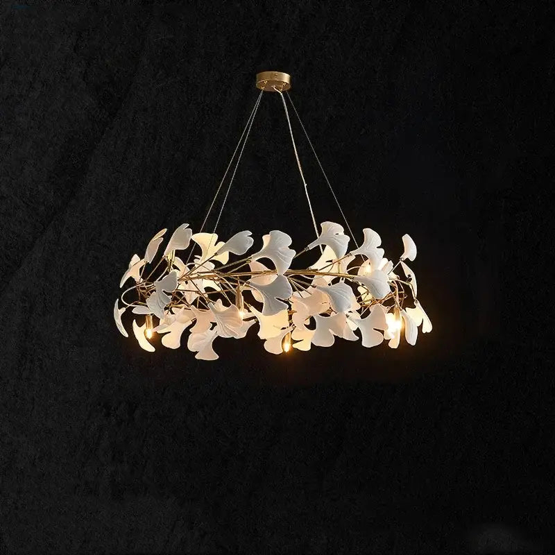 Elegant white and gold ginkgo branch ceramic chandelier dining room