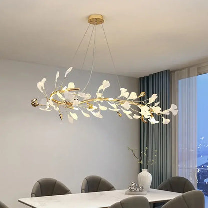 Elegant white and gold ginkgo branch ceramic chandelier dining room