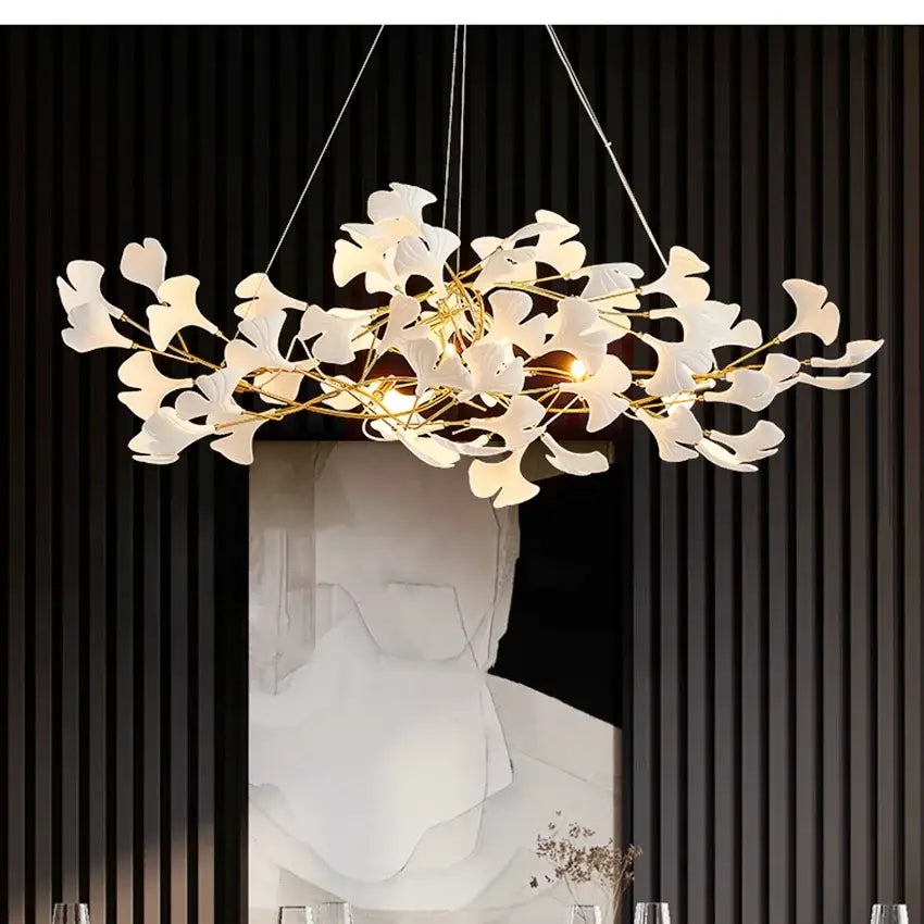 Elegant white and gold ginkgo branch ceramic chandelier dining room