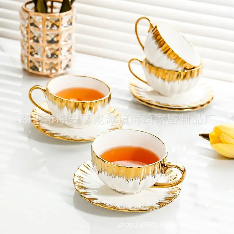 Elegant white and golden ceramic tea cup set dining room drinkware