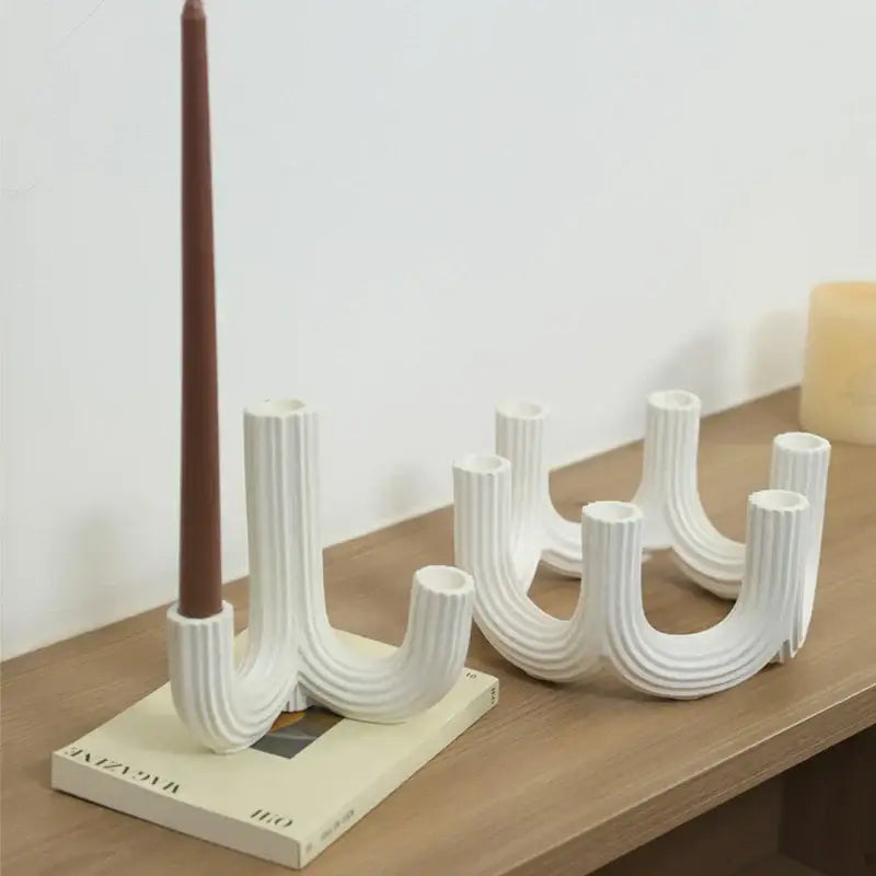 Elegant white ceramic candlestick holder dining room ribbed decor