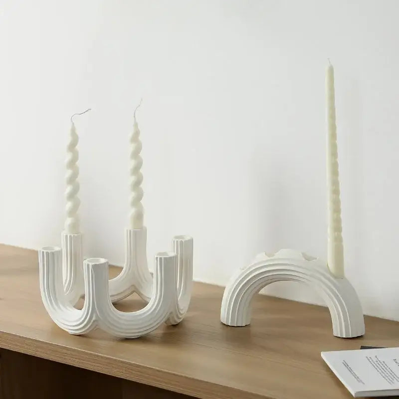Elegant white ceramic candlestick holder dining room ribbed decor