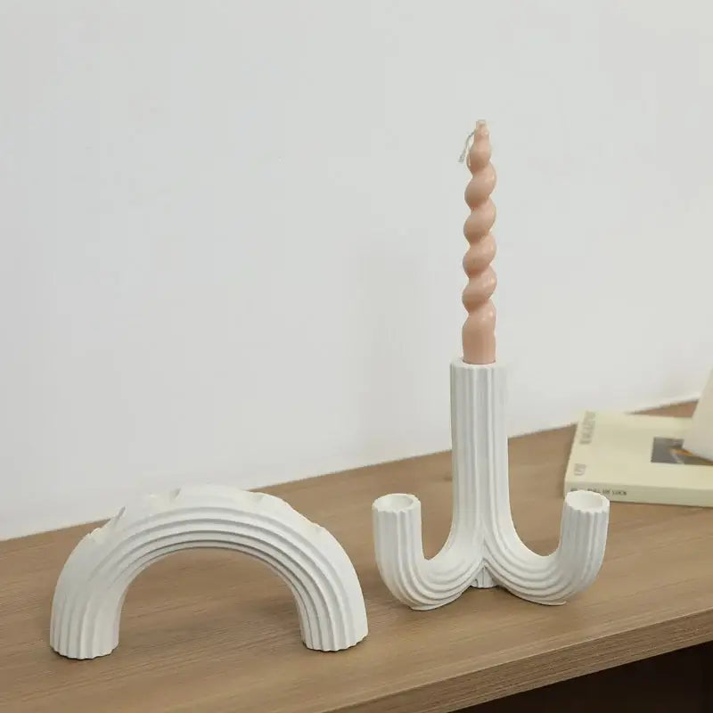 Elegant white ceramic candlestick holder dining room ribbed decor