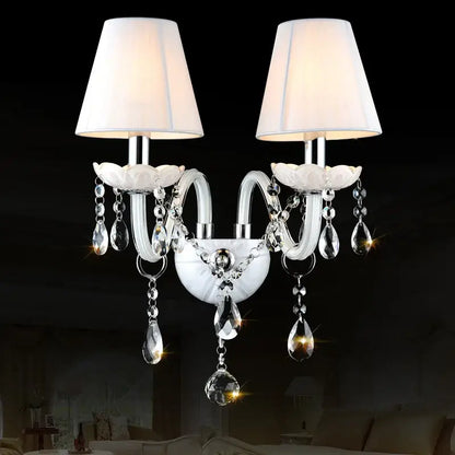 Elegant white crystal wall lamp bedroom double fabric shades
