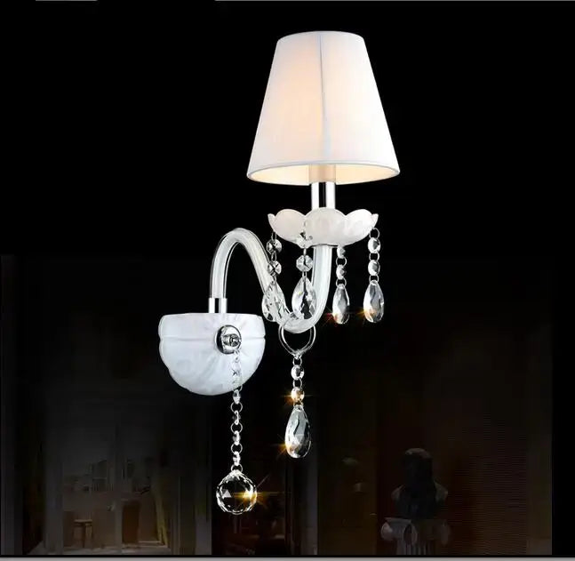 Elegant white crystal wall lamp bedroom double fabric shades