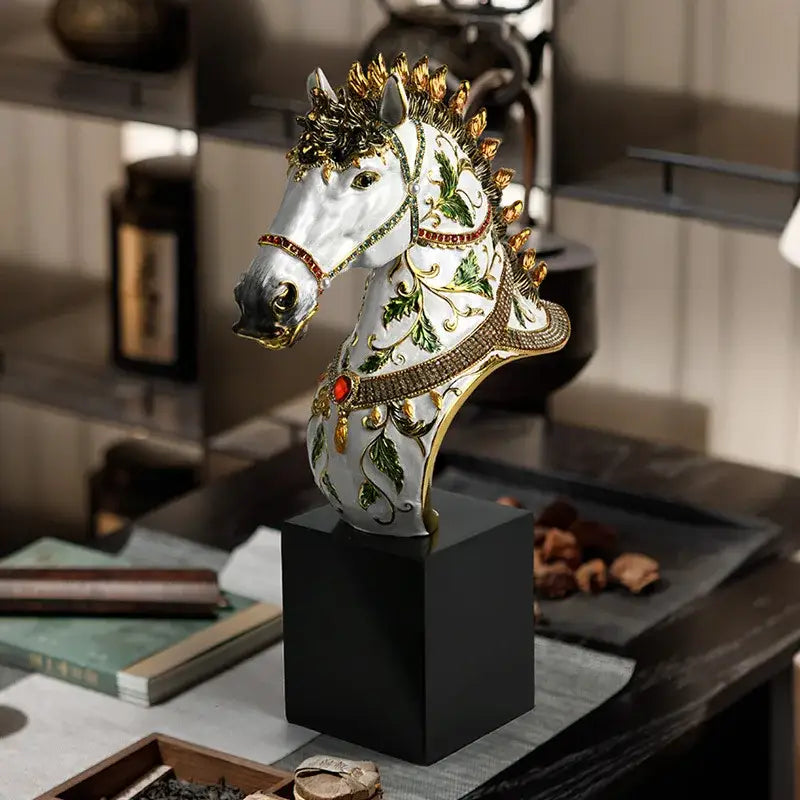 Elegant white enamel horse sculpture with gold accents living room decor