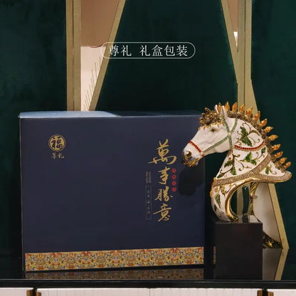 Elegant white enamel horse sculpture with gold accents living room decor