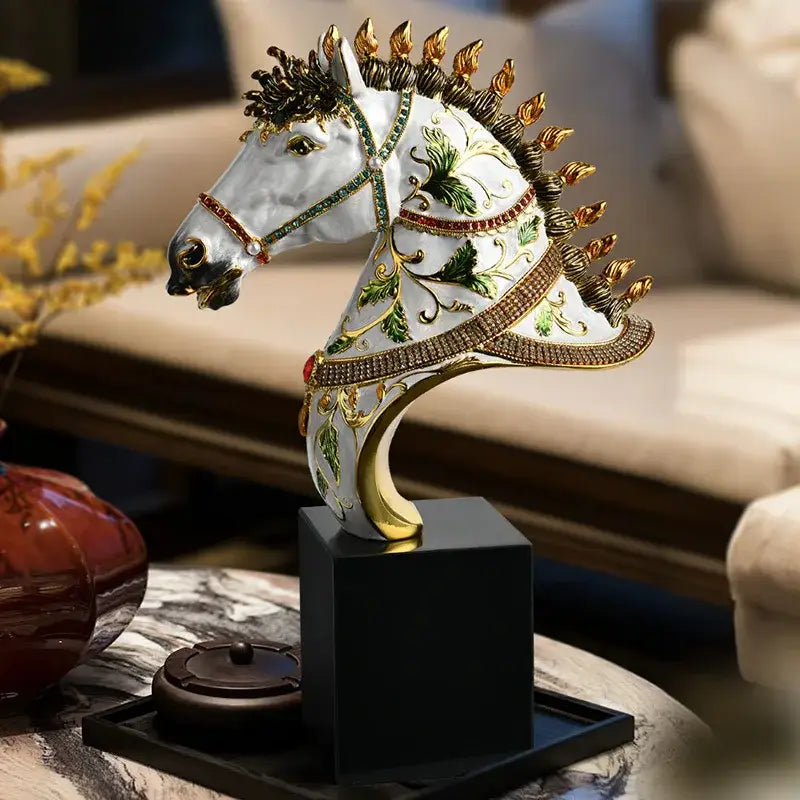 Elegant white enamel horse sculpture with gold accents living room decor