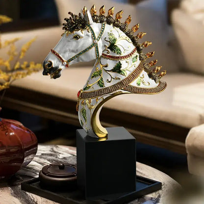 Elegant white enamel horse sculpture with gold accents living room decor