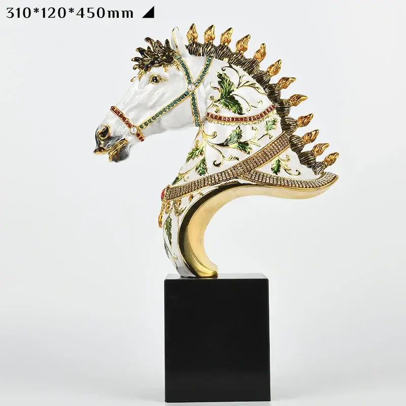 Elegant white enamel horse sculpture with gold accents living room decor