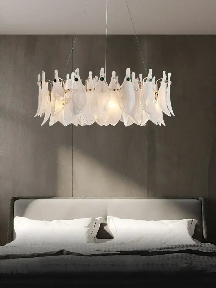 Elegant white feather cloud mist glass chandelier bedroom light