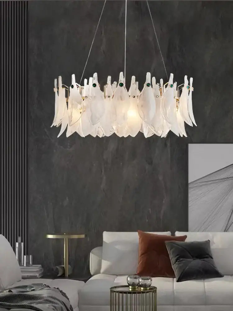 Elegant white feather cloud mist glass chandelier bedroom light
