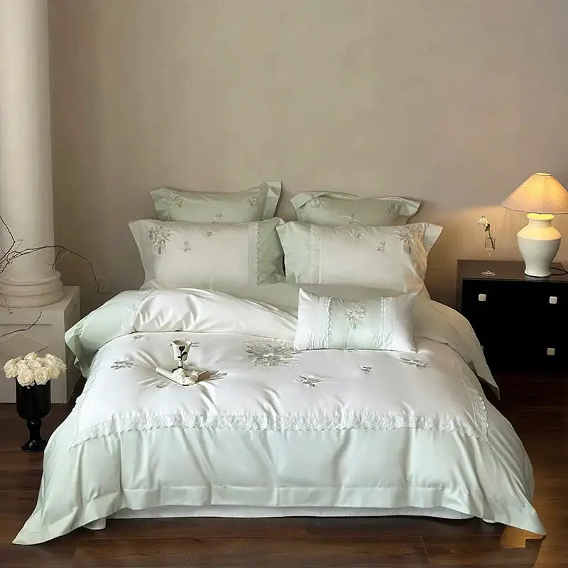 Elegant white flowers embroidery lace bedding set bedroom duvet cover