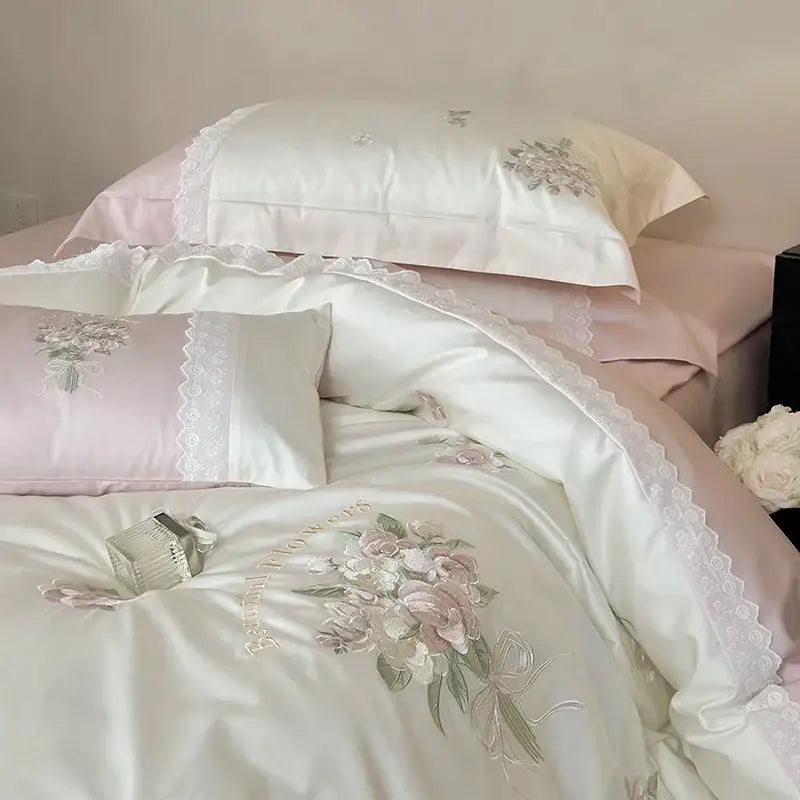 Elegant white flowers embroidery lace bedding set bedroom duvet cover