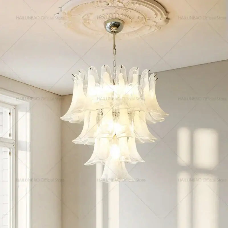 Elegant white glass petal chandelier staircase crystal light