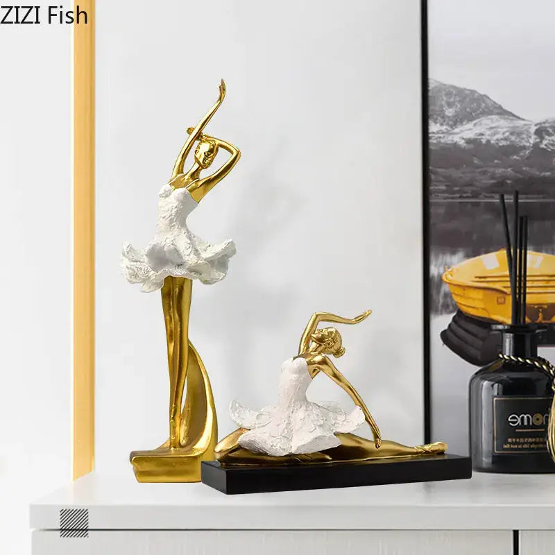Elegant white & gold ballet dancer resin sculpture bedroom decor