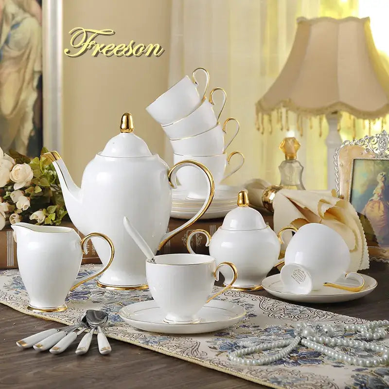 Elegant white & gold bone china coffee set dining room porcelain tea set