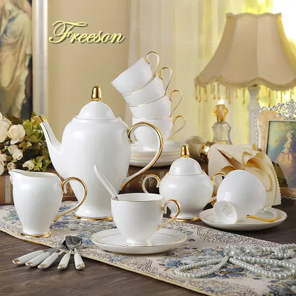 Elegant white & gold bone china coffee set dining room porcelain tea set