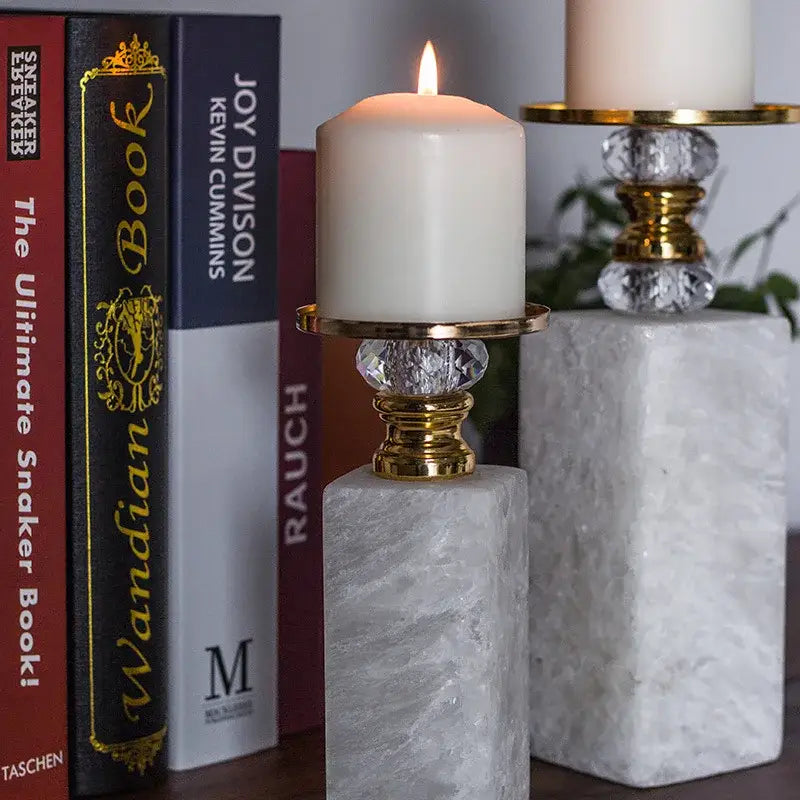 Elegant white & gold marble candle holder crystal dining room decor