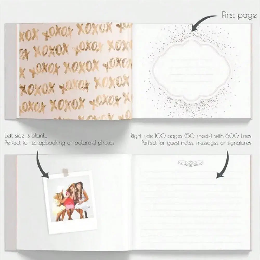 Elegant white guest book with bronzing detail – wedding reception