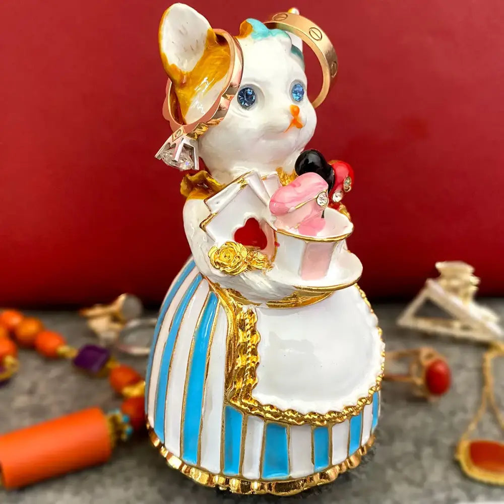 Elegant white porcelain cat jewelry trinket box bedroom decor