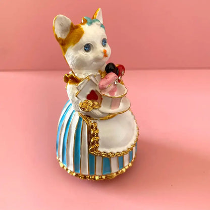Elegant white porcelain cat jewelry trinket box bedroom decor