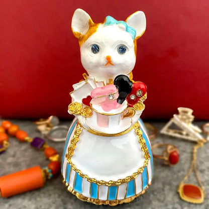 Elegant white porcelain cat jewelry trinket box bedroom decor