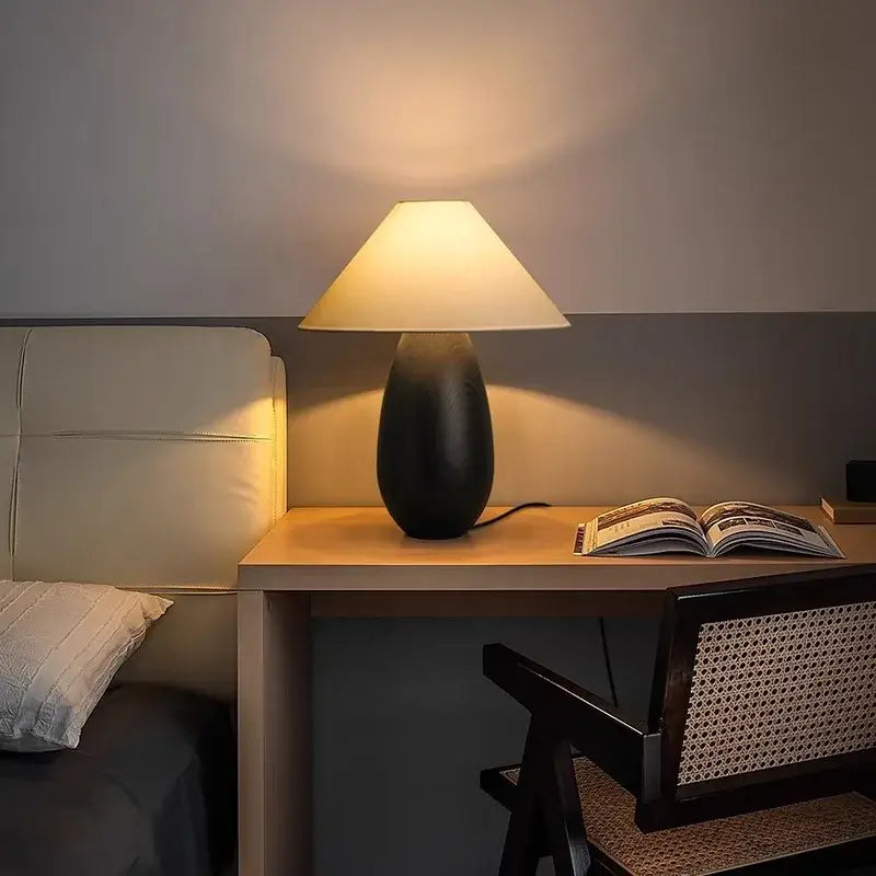 Elegant wood table lamp set with cream fabric shades for bedroom