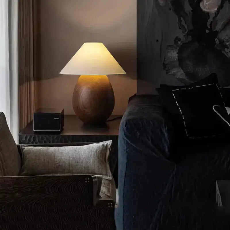 Elegant wood table lamp set with cream fabric shades for bedroom