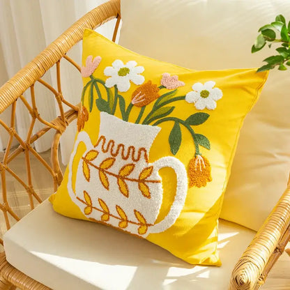 Elegant yellow vase flower cushion cover living room embroidery