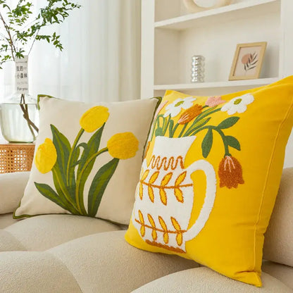 Elegant yellow vase flower cushion cover living room embroidery