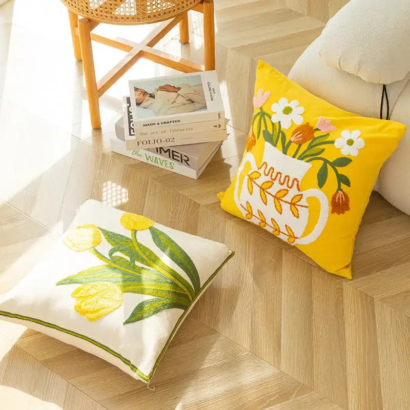 Elegant yellow vase flower cushion cover living room embroidery