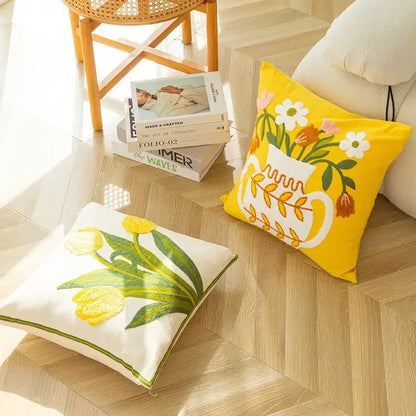Elegant yellow vase flower cushion cover living room embroidery