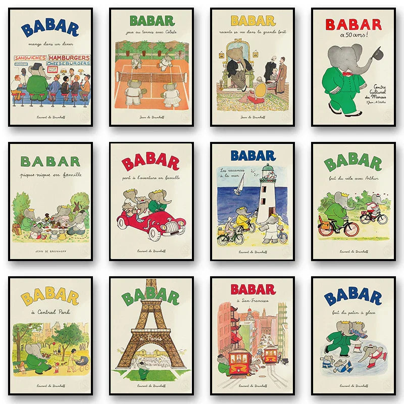 DecorBites™ Elephant Babar Family Yoga Poster for Kids Room