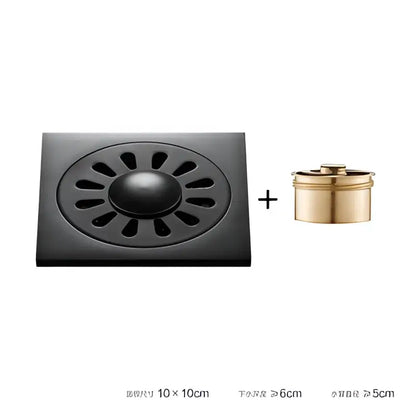 Embossed floral black brass square floor drain shower room