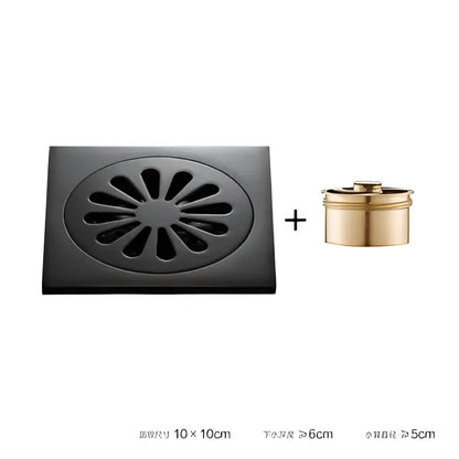 Embossed floral black brass square floor drain shower room