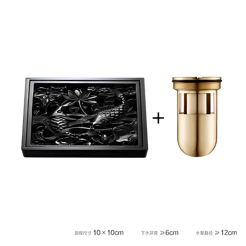 Embossed floral black brass square floor drain shower room